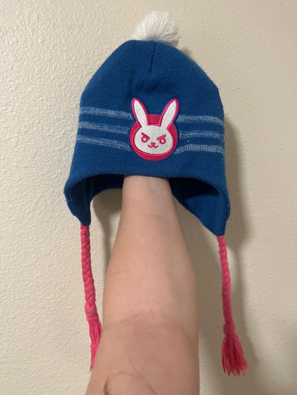OVERWATCH Blue Knit Earflap Hat with Pink Bunny Patch